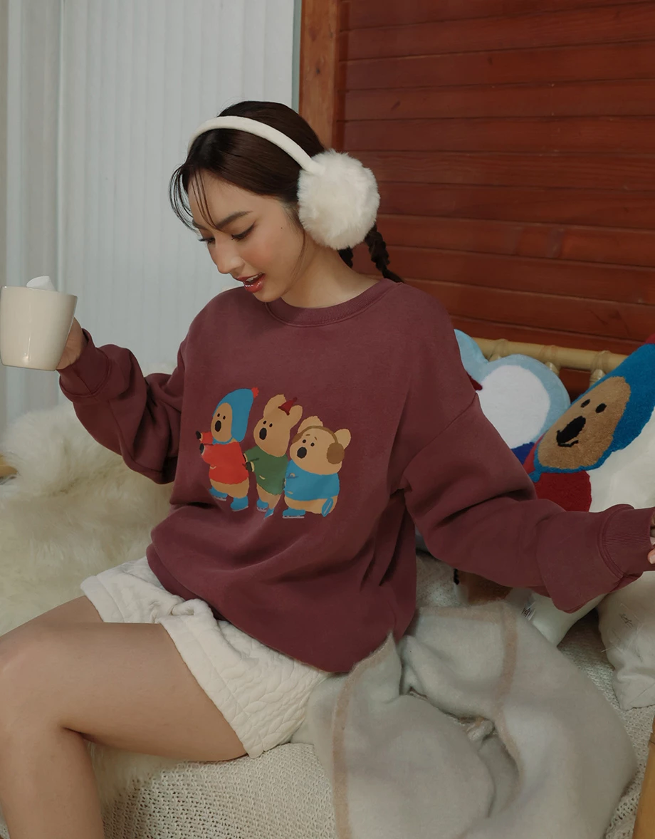 【DINOTAENG】Washed Color Print Sweatshirt With Inner Fleece