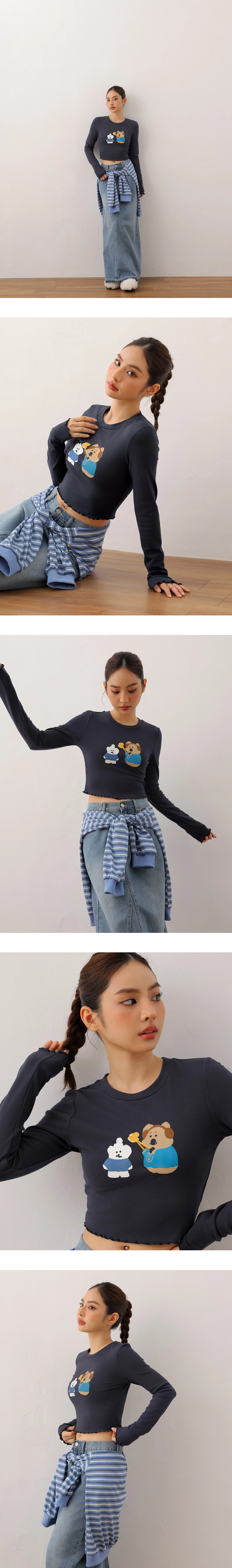 【DINOTAENG】Printed Long Sleeve Crop Top Tee With Inner Fleece And Ruffled Hem 【DINOTAENG】Printed Long Sleeve Crop Top Tee With Inner Fleece And Ruffled Hem