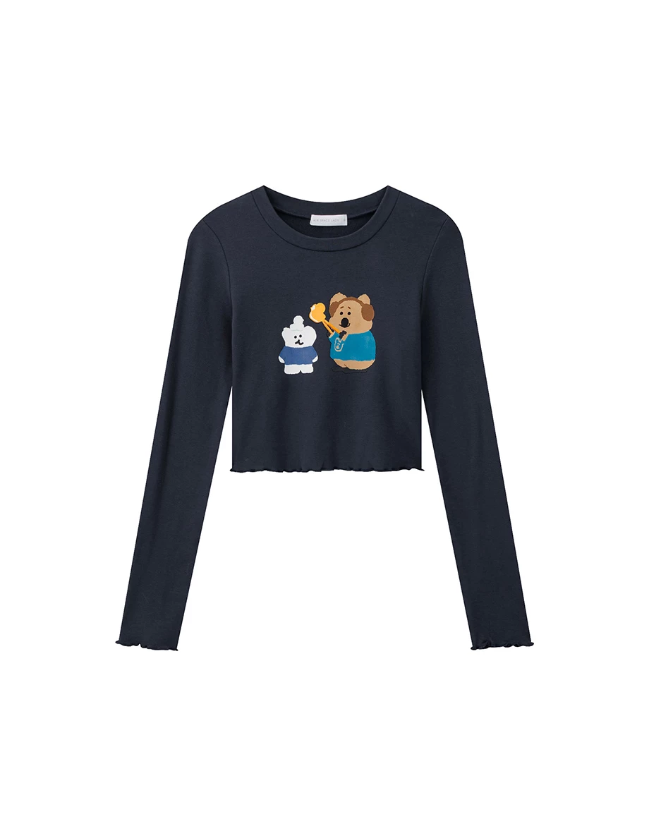 【DINOTAENG】Printed Long Sleeve Crop Top Tee With Inner Fleece And Ruffled Hem 【DINOTAENG】Printed Long Sleeve Crop Top Tee With Inner Fleece And Ruffled Hem