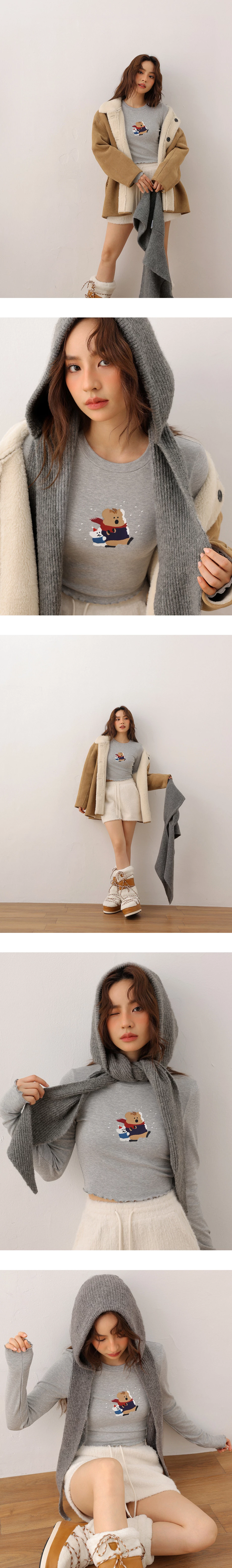 【DINOTAENG】Printed Long Sleeve Crop Top Tee With Inner Fleece And Ruffled Hem 【DINOTAENG】Printed Long Sleeve Crop Top Tee With Inner Fleece And Ruffled Hem