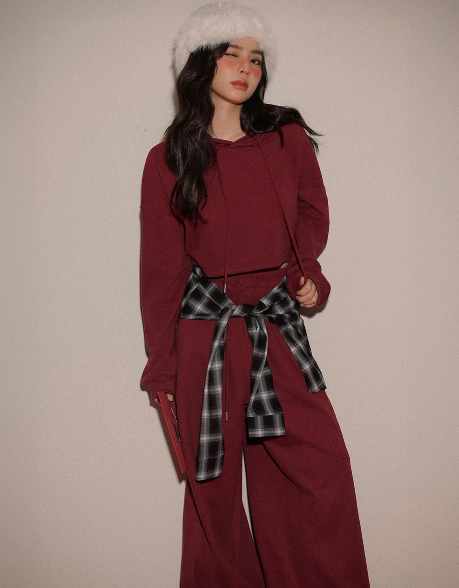 Fleece Lined Cropped Hoodie Sweatshirt with Dropped Shoulders