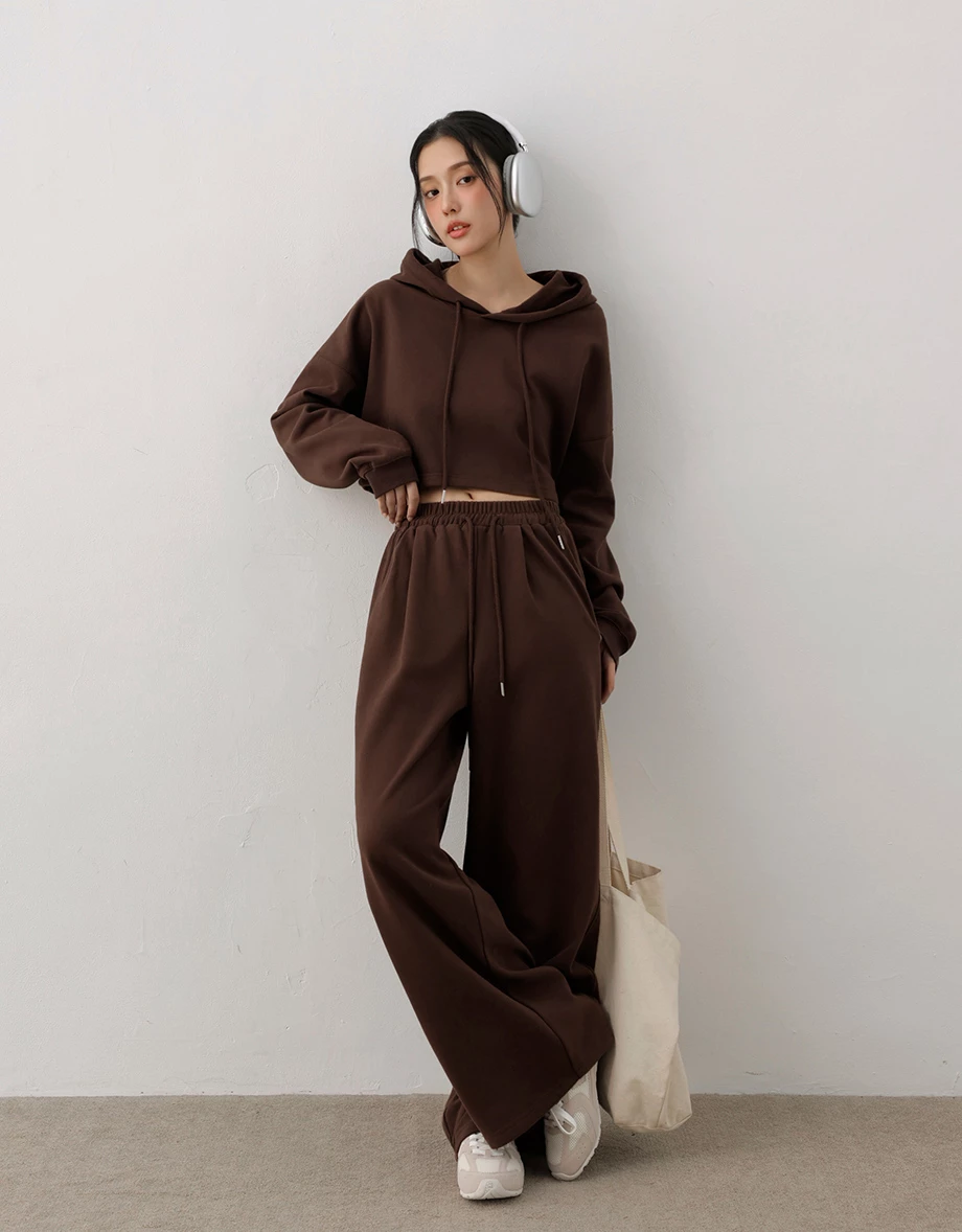 Fleece Lined Cropped Hoodie Sweatshirt with Dropped Shoulders