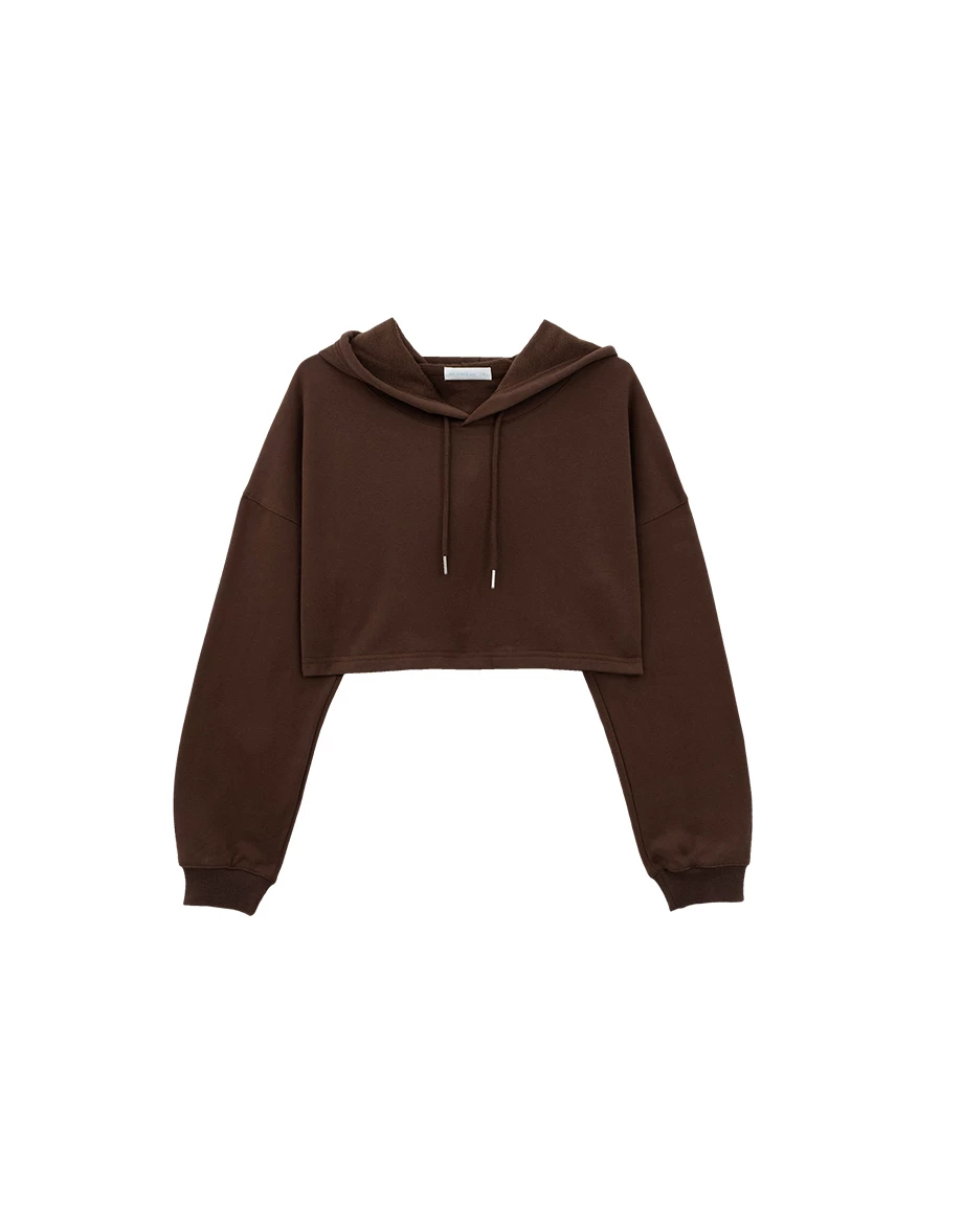 Fleece Lined Cropped Hoodie Sweatshirt with Dropped Shoulders