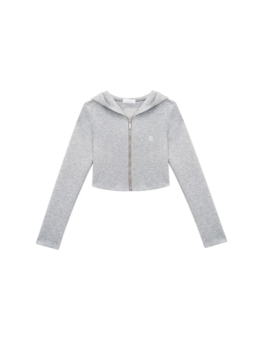 【AIRY HOURGLASS】AIR SPACE Logo Embroidery Cropped Zip Up Hooded Fitted Knit Jacket