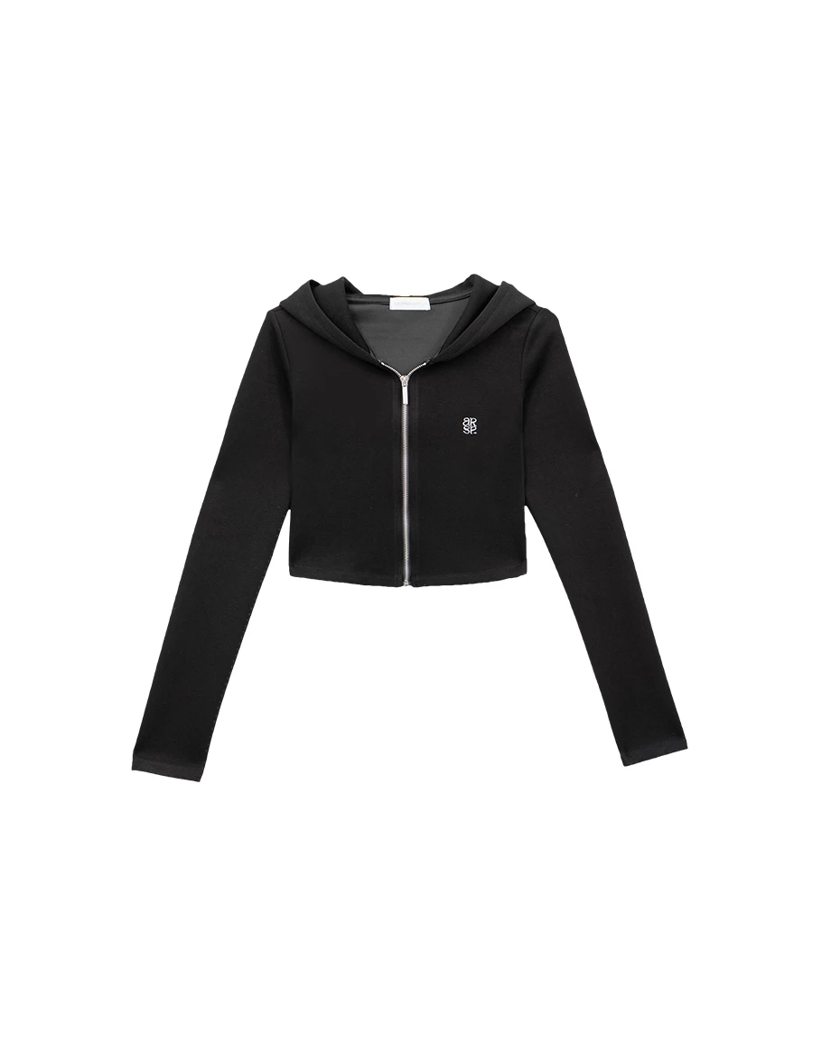 【AIRY HOURGLASS】AIR SPACE Logo Embroidery Cropped Zip Up Hooded Fitted Knit Jacket