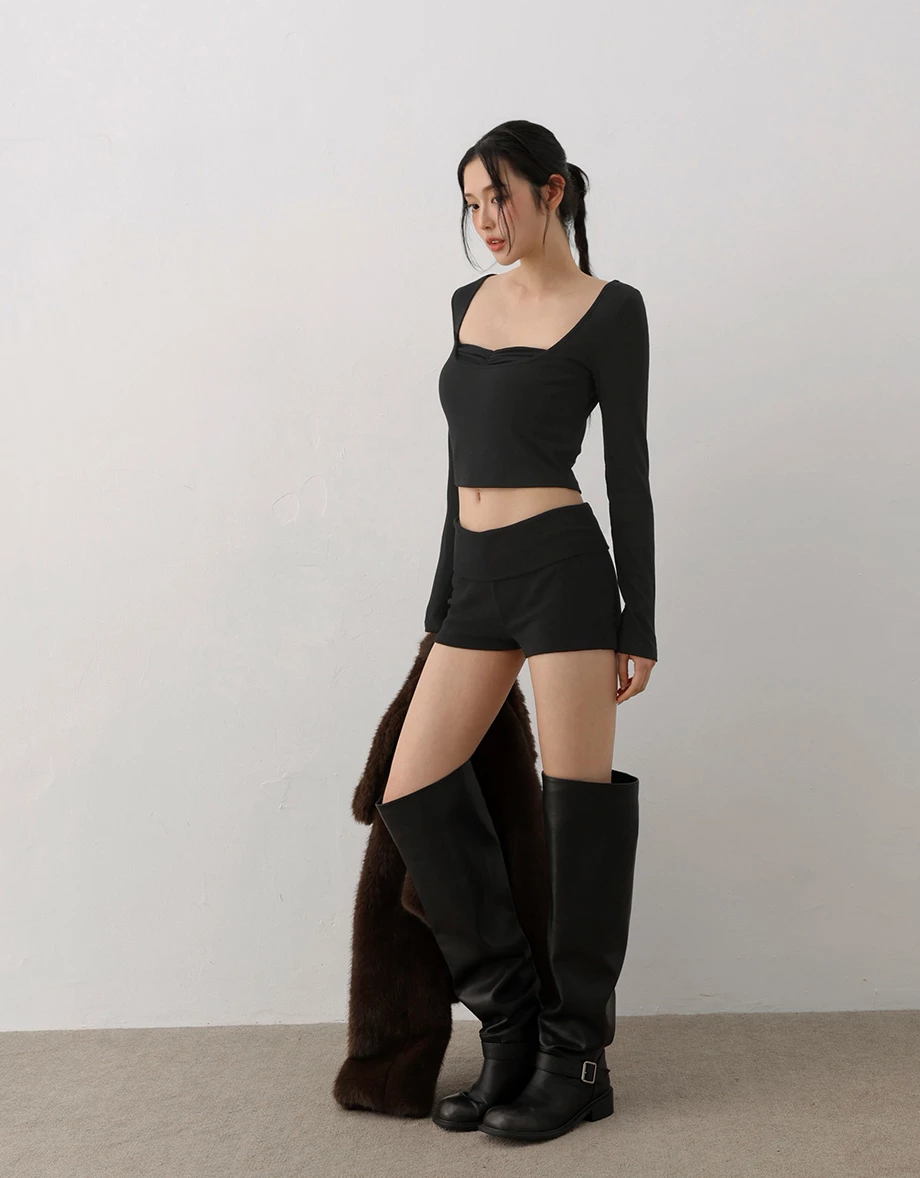 Fleece Lined U Neck Long Sleeve Top And Ruched Bandeau Padded Bra Top Set Wear