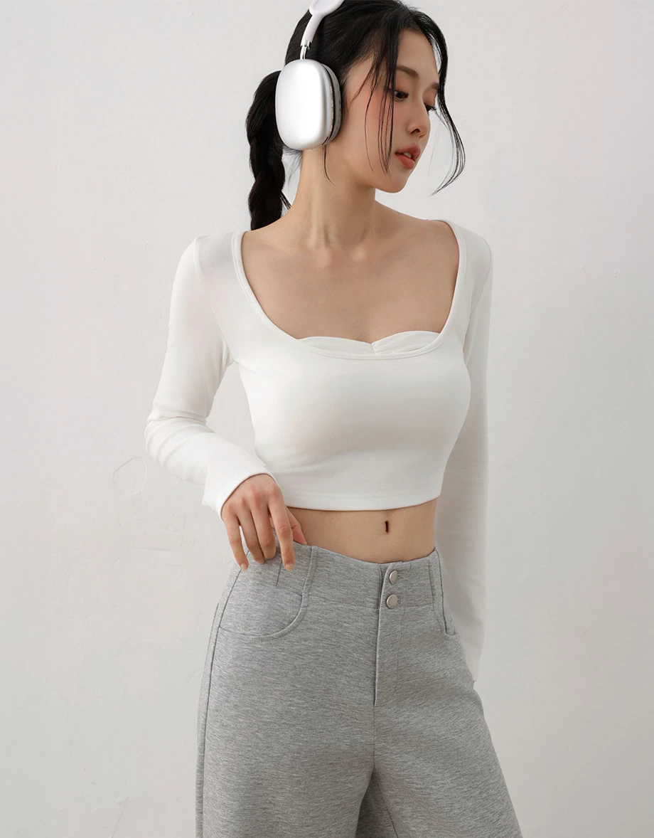 Fleece Lined U Neck Long Sleeve Top And Ruched Bandeau Padded Bra Top Set Wear