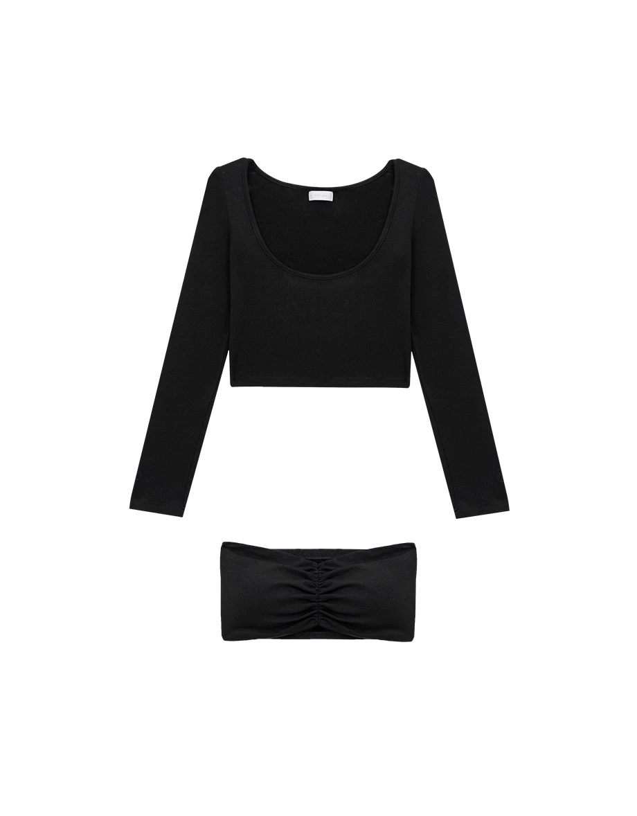 Fleece Lined U Neck Long Sleeve Top And Ruched Bandeau Padded Bra Top Set Wear