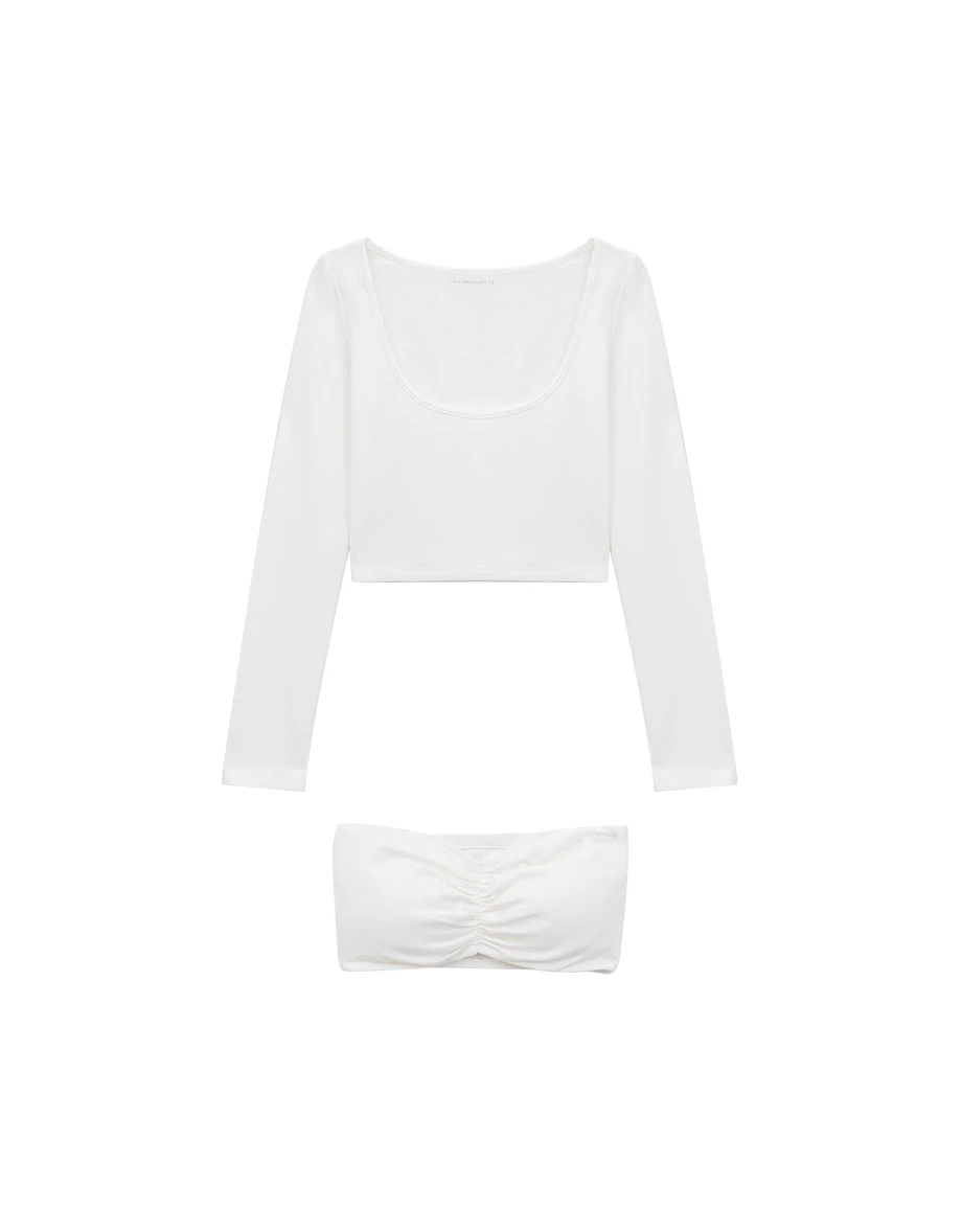 Fleece Lined U Neck Long Sleeve Top And Ruched Bandeau Padded Bra Top Set Wear