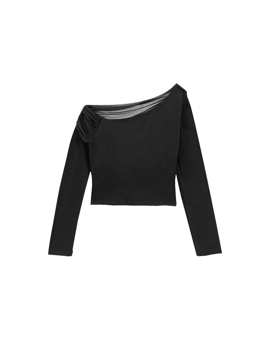 Asymmetric One Shoulder Sheer Mesh Long Sleeve Crop Top