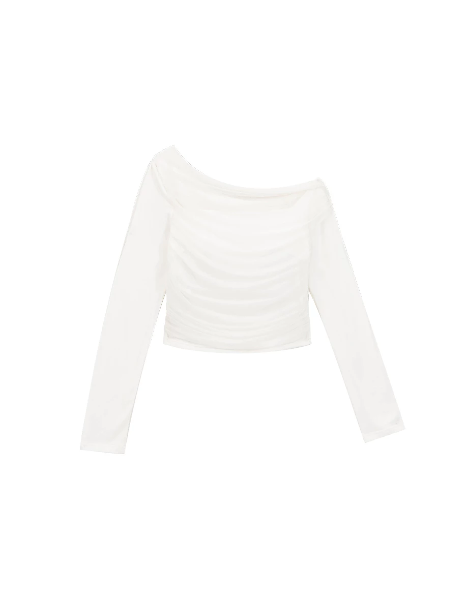 Asymmetric One Shoulder Sheer Mesh Long Sleeve Crop Top