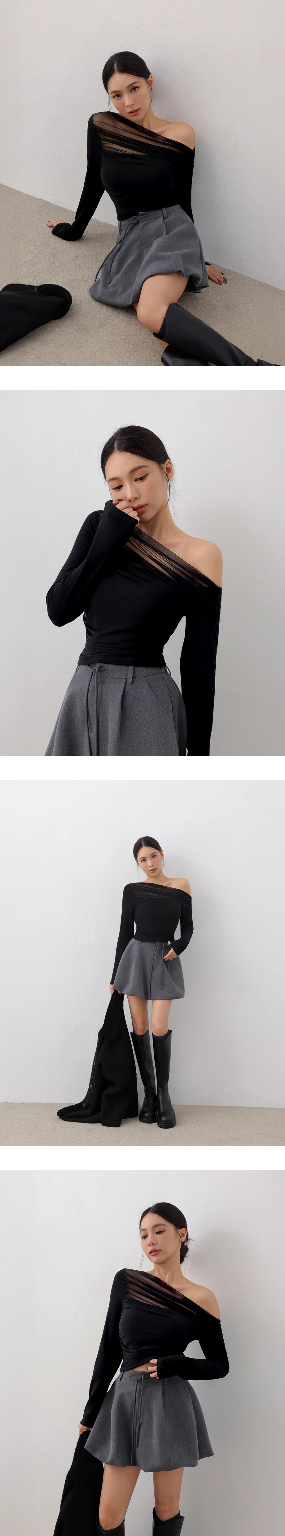 Asymmetric One Shoulder Sheer Mesh Long Sleeve Crop Top