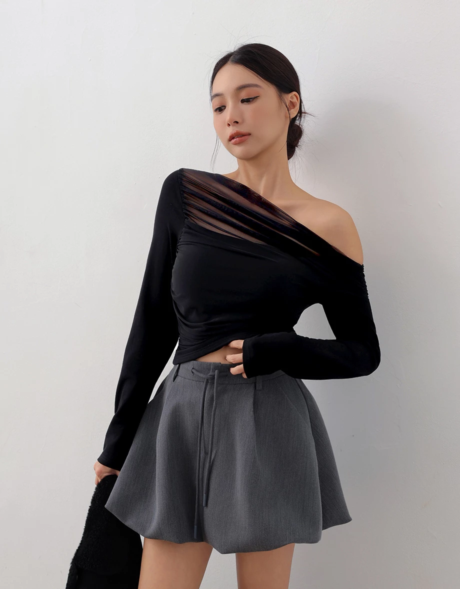 Asymmetric One Shoulder Sheer Mesh Long Sleeve Crop Top