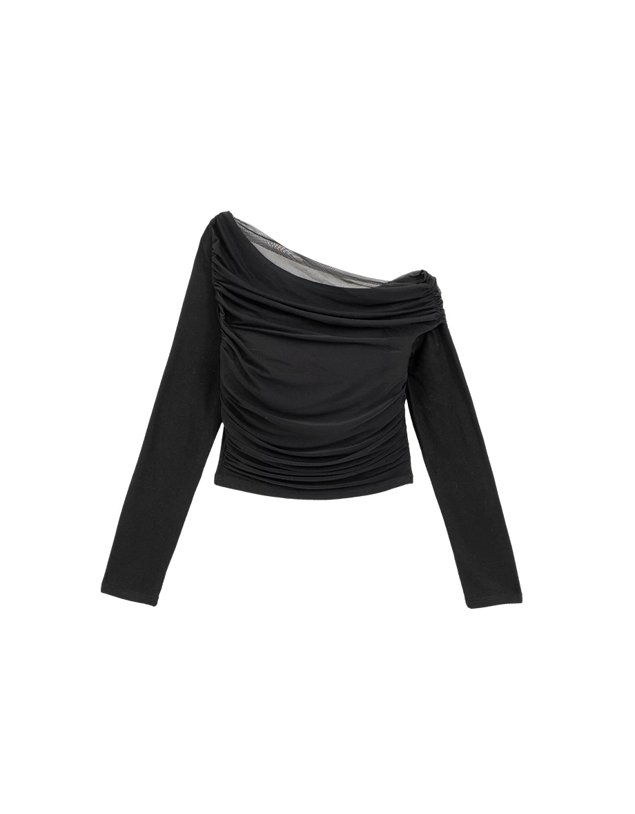 Asymmetric One Shoulder Sheer Mesh Long Sleeve Crop Top