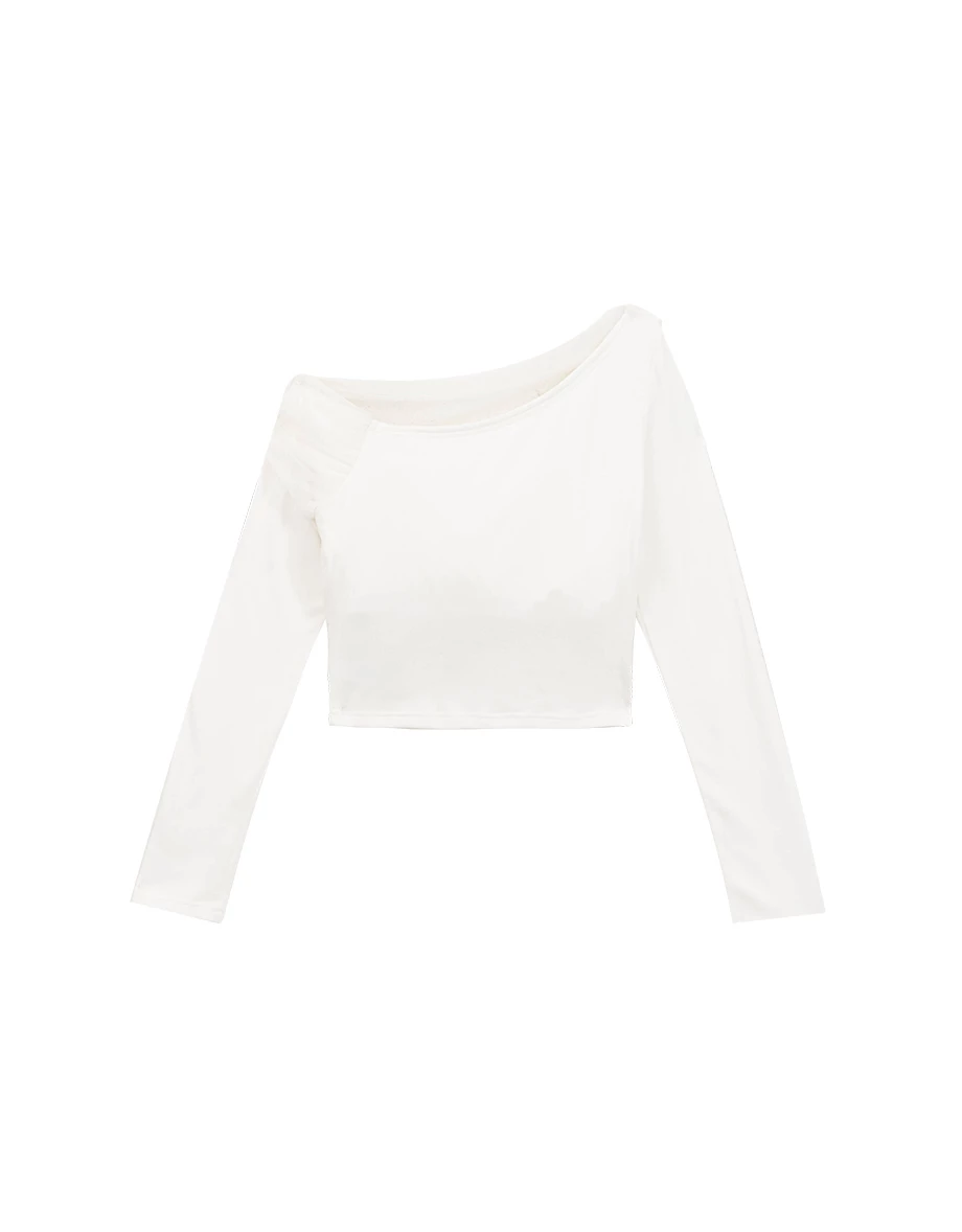 Asymmetric One Shoulder Sheer Mesh Long Sleeve Crop Top
