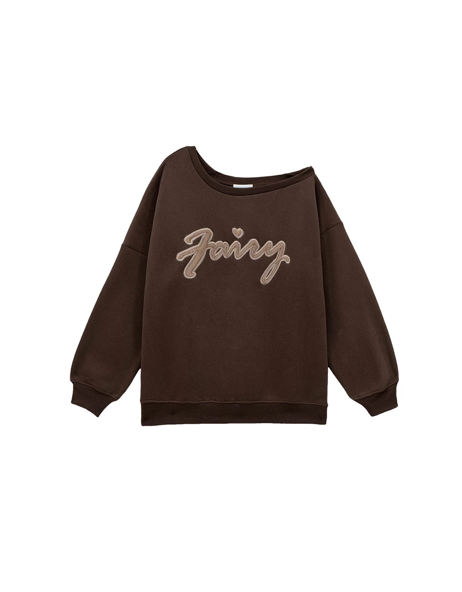 Asymmetrical One Shoulder Letter Embroidery Fleece Sweatshirt