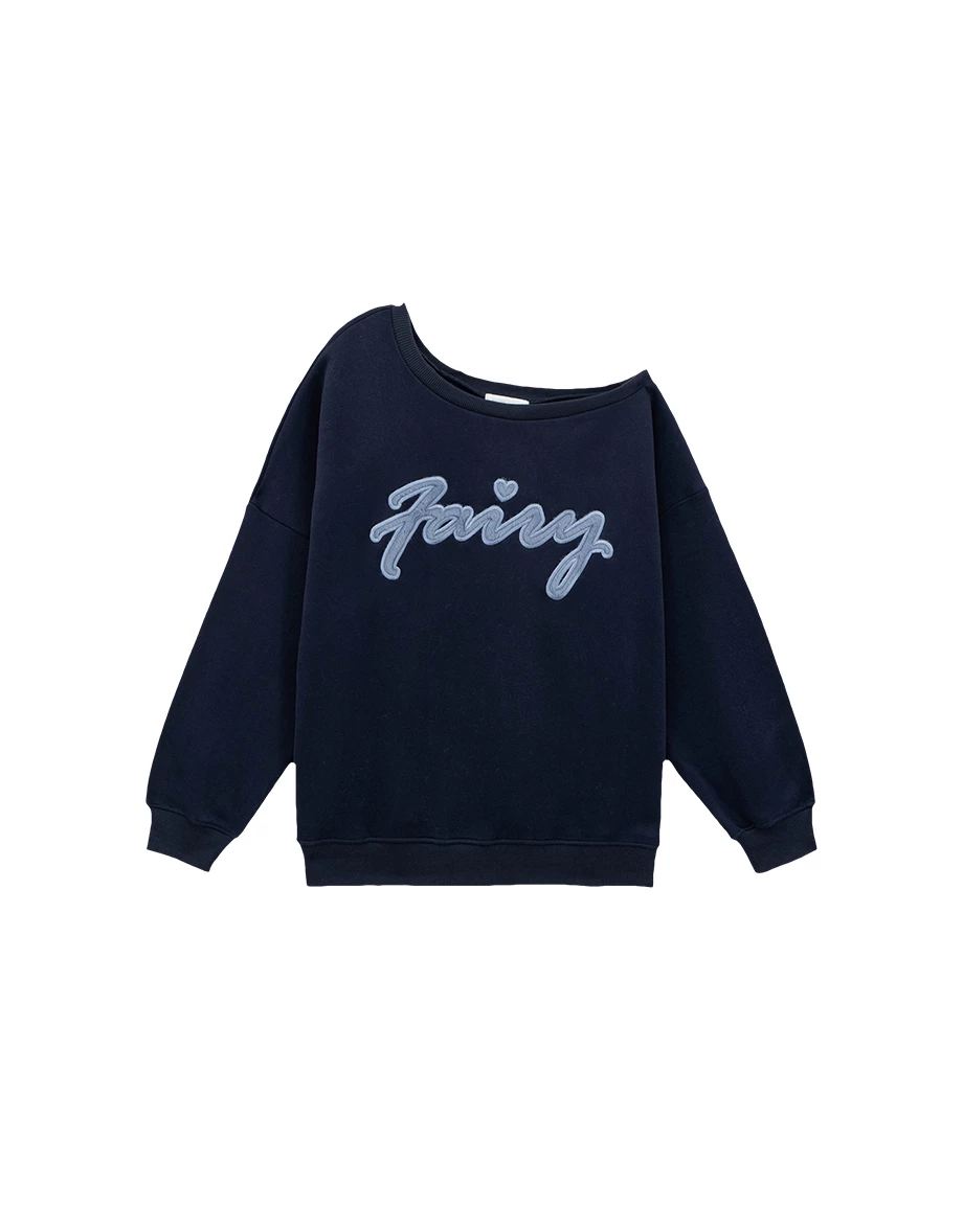 Asymmetrical One Shoulder Letter Embroidery Fleece Sweatshirt