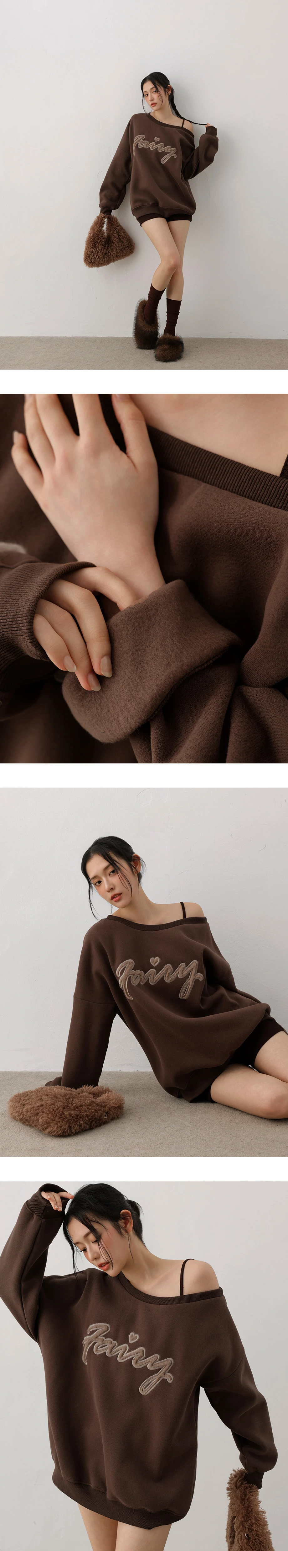 Asymmetrical One Shoulder Letter Embroidery Fleece Sweatshirt