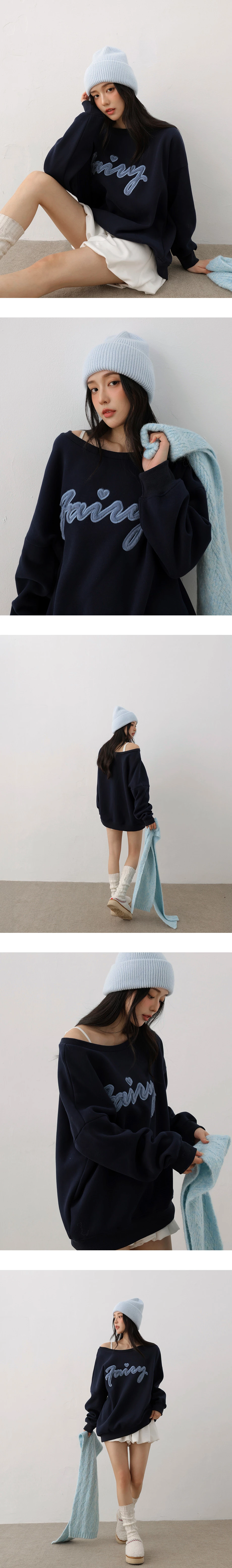 Asymmetrical One Shoulder Letter Embroidery Fleece Sweatshirt