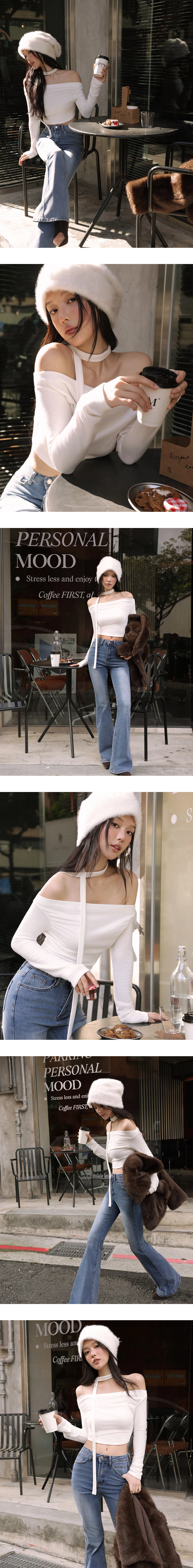 Fleece Lined Off Shoulder Long Sleeve Cropped Top (With Scarf)