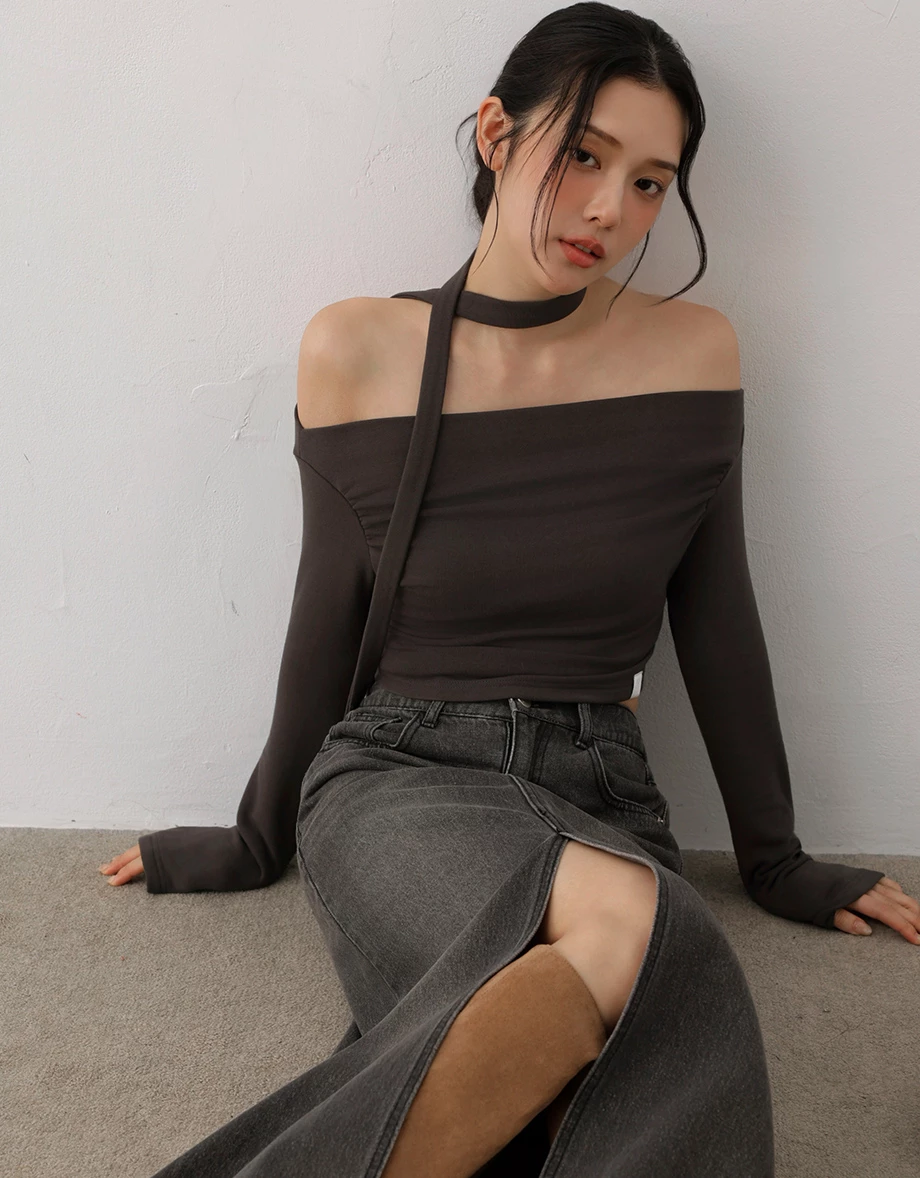 Fleece Lined Off Shoulder Long Sleeve Cropped Top (With Scarf)