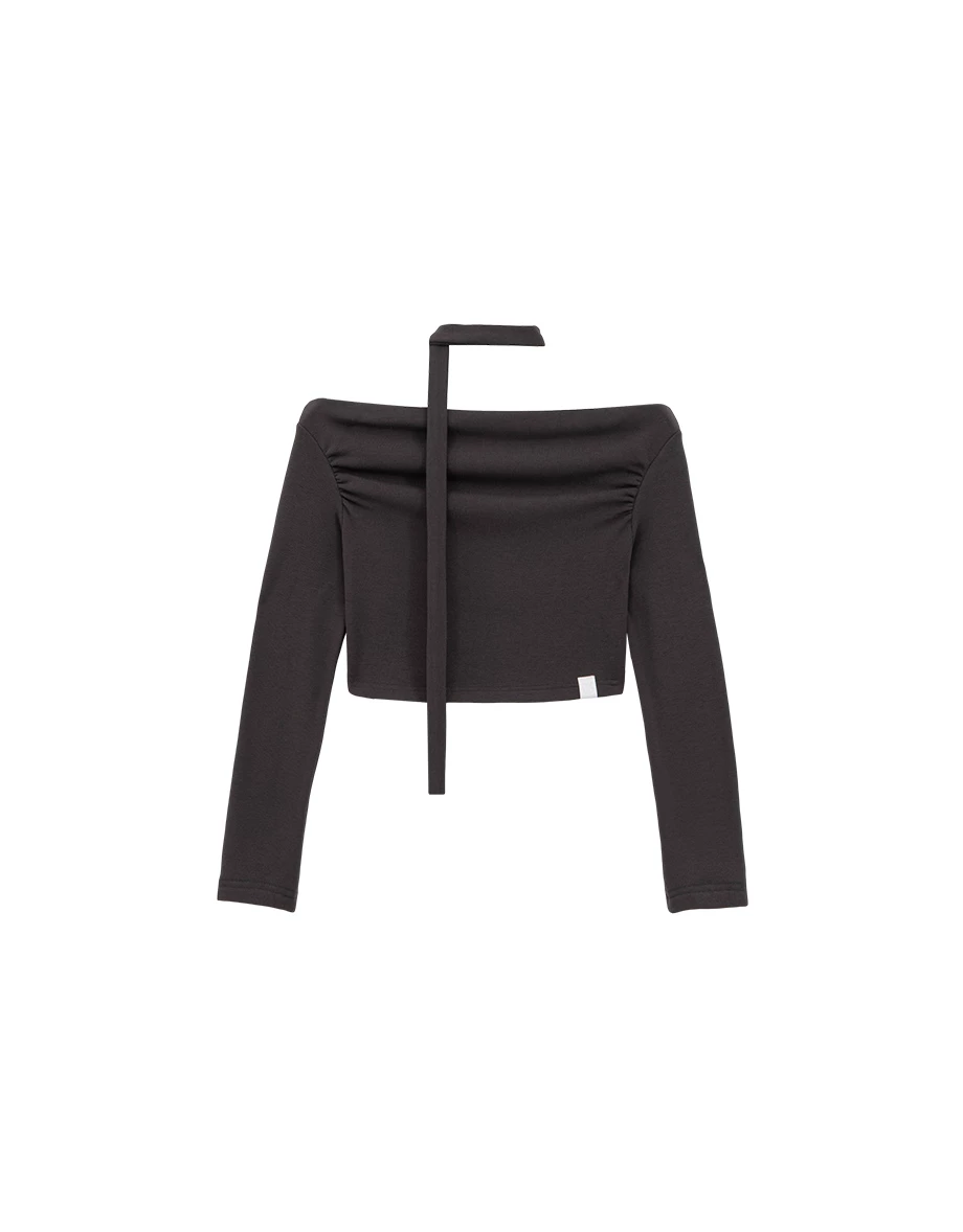 Fleece Lined Off Shoulder Long Sleeve Cropped Top (With Scarf)