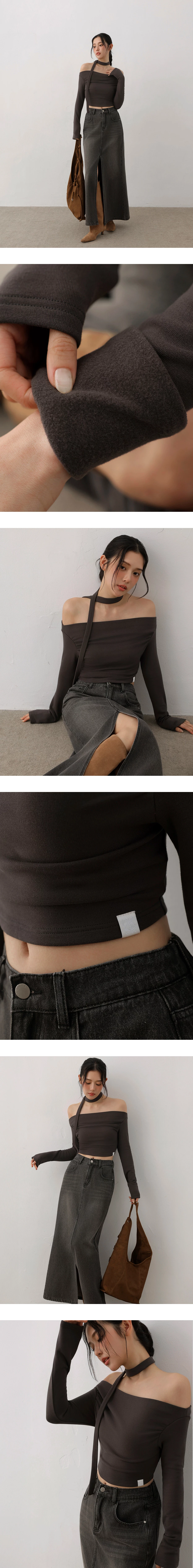 Fleece Lined Off Shoulder Long Sleeve Cropped Top (With Scarf)