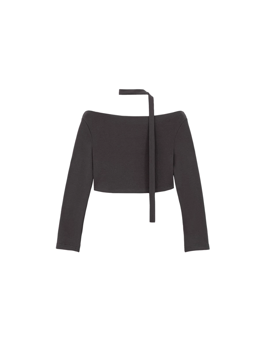 Fleece Lined Off Shoulder Long Sleeve Cropped Top (With Scarf)