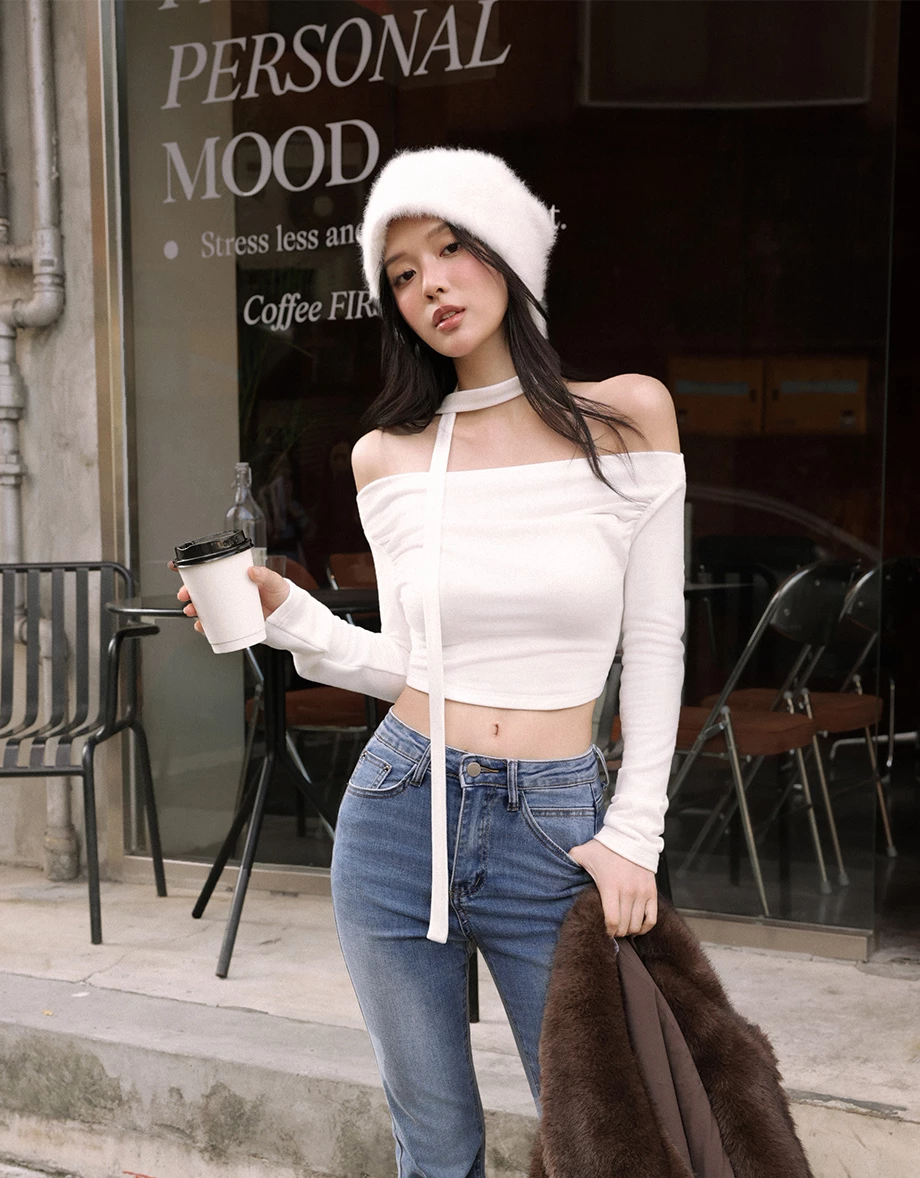 Fleece Lined Off Shoulder Long Sleeve Cropped Top (With Scarf)