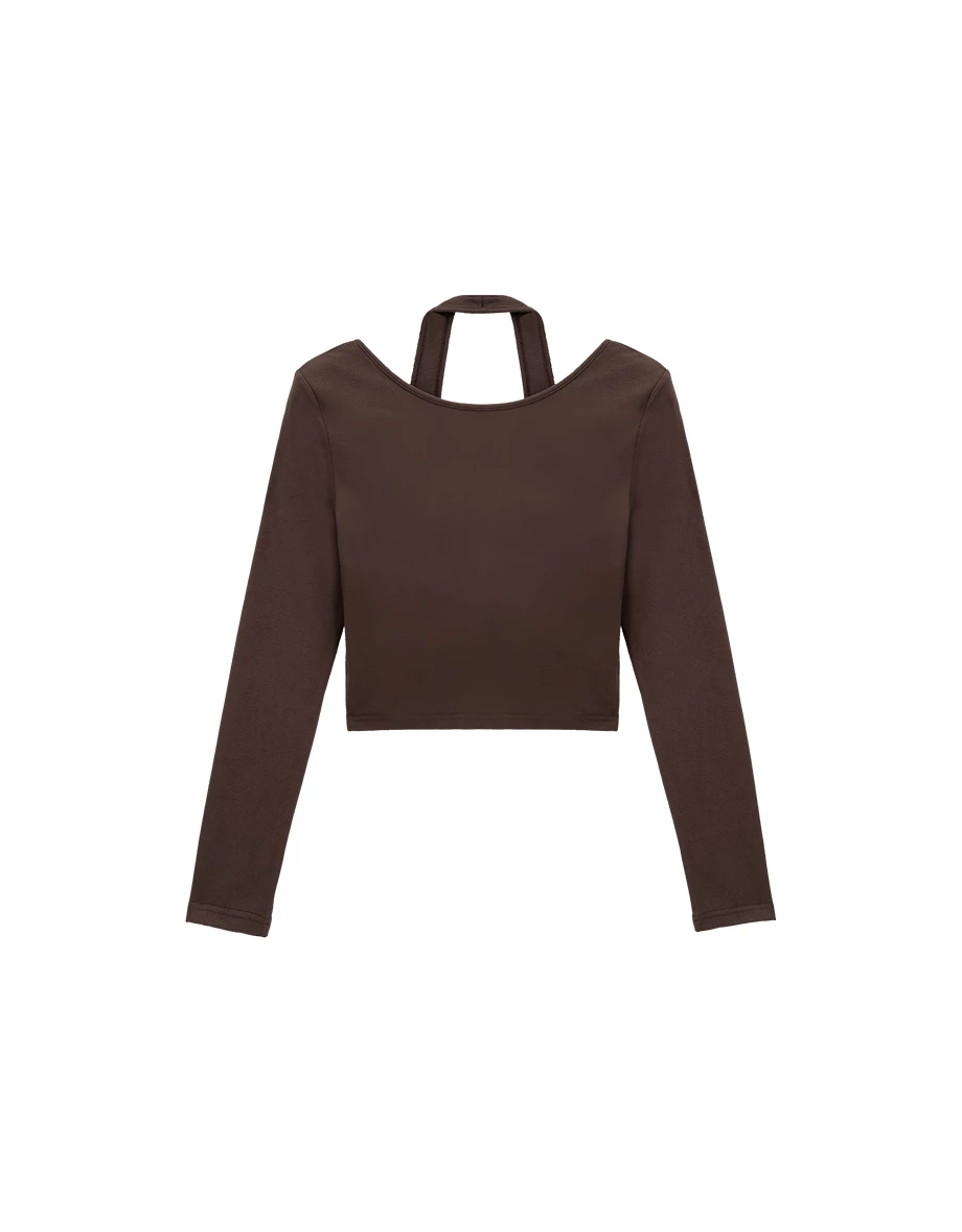 Faux 2 Piece Layered Look Halter Neck Long Sleeve Padded Bra Top with Snap Buttons