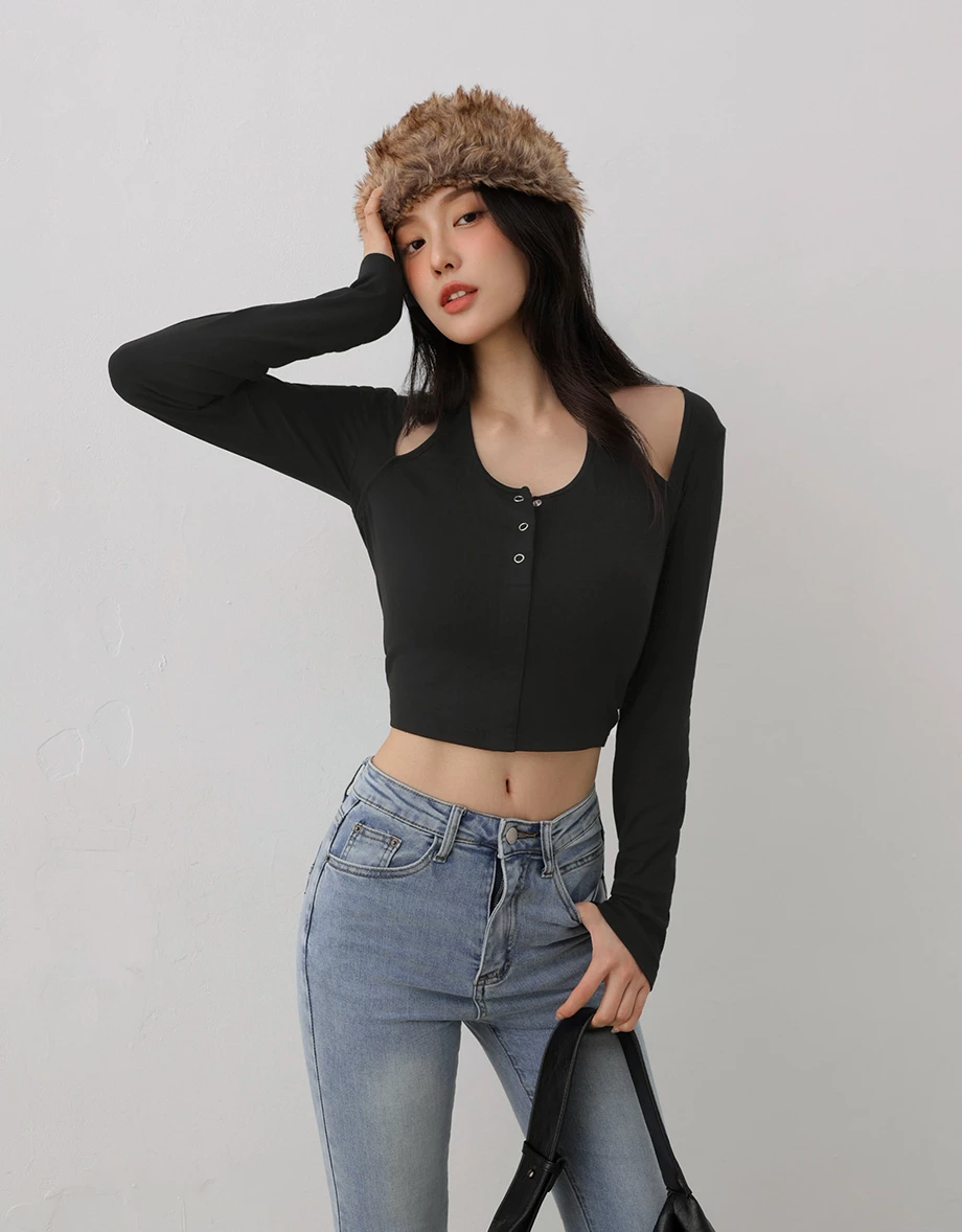 Layered Look Halter Neck Long Sleeve Padded Bra Top with Snap Buttons