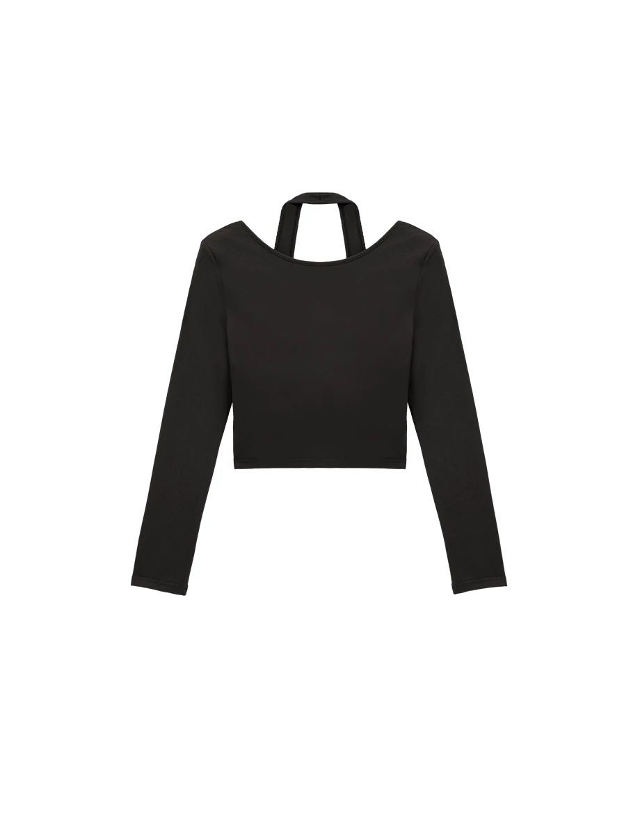 Faux 2 Piece Layered Look Halter Neck Long Sleeve Padded Bra Top with Snap Buttons