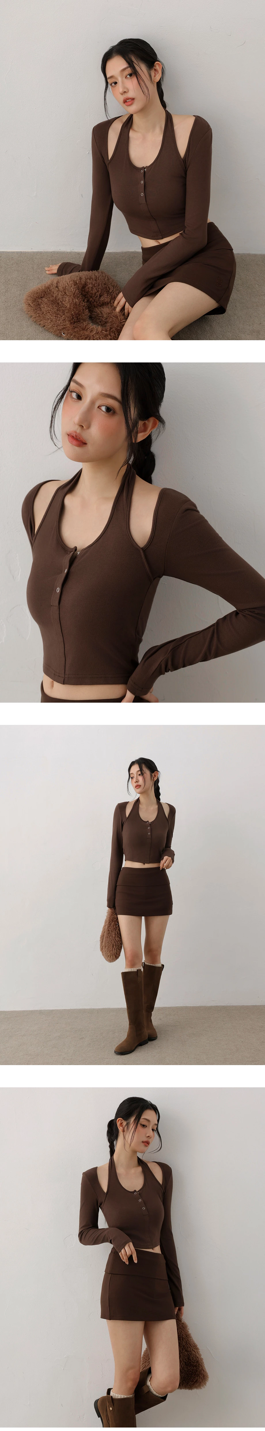 Faux 2 Piece Layered Look Halter Neck Long Sleeve Padded Bra Top with Snap Buttons