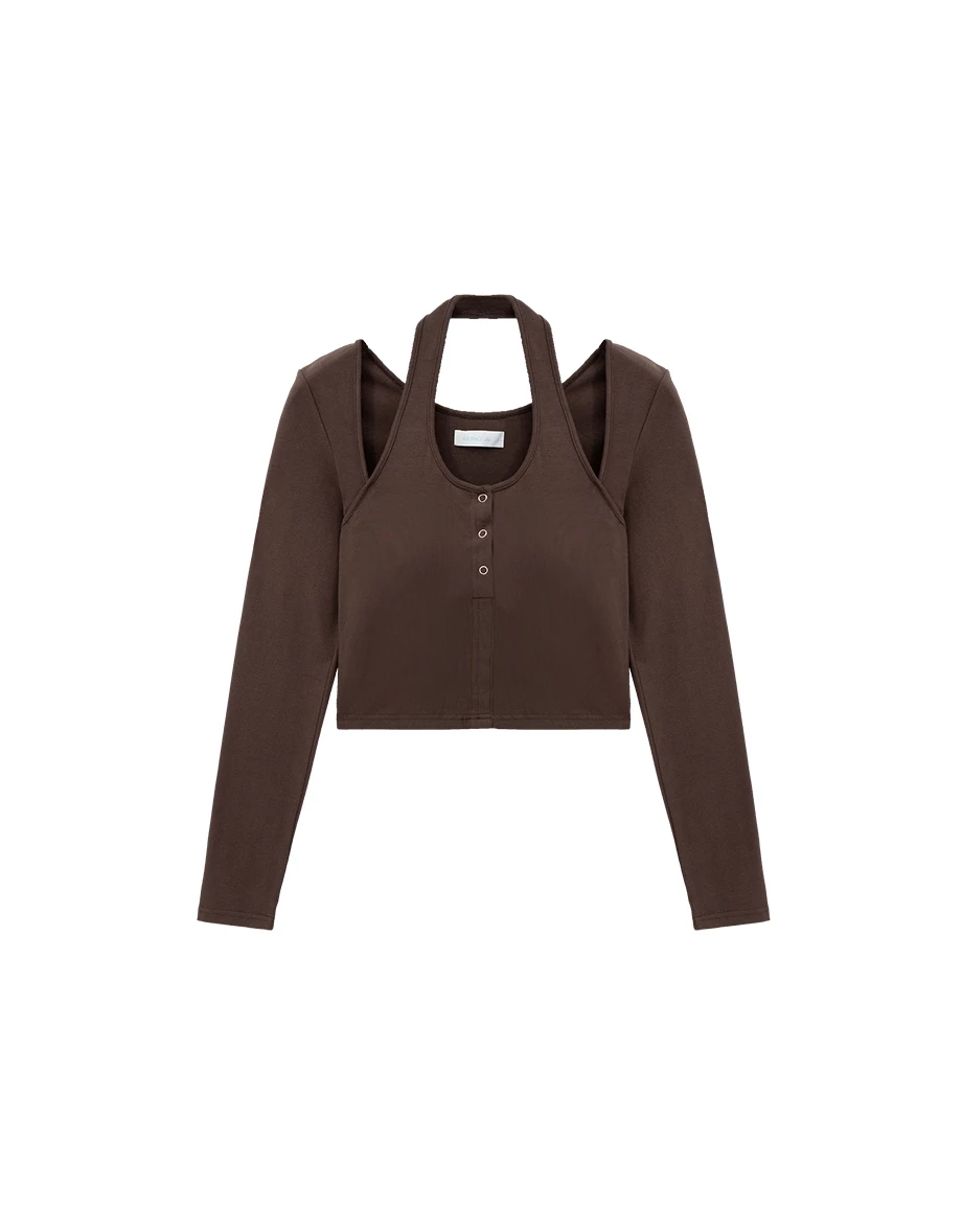 Layered Look Halter Neck Long Sleeve Padded Bra Top with Snap Buttons