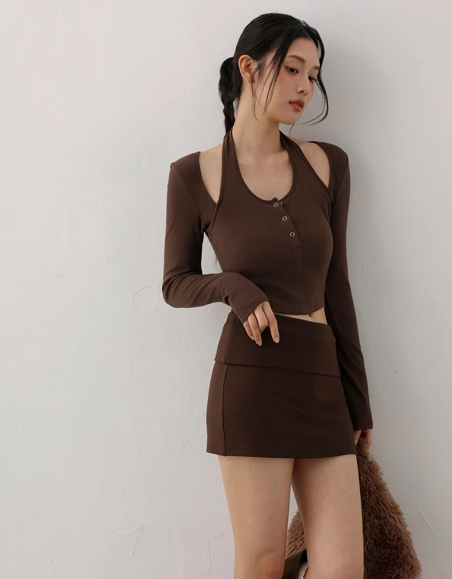 Layered Look Halter Neck Long Sleeve Padded Bra Top with Snap Buttons