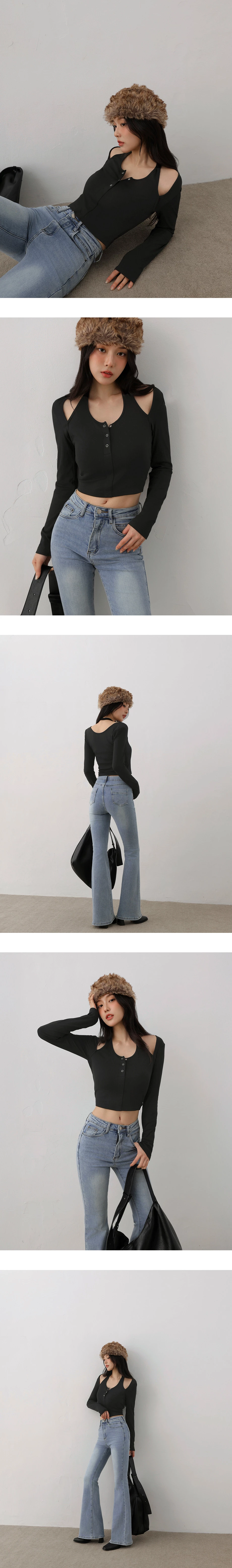 Faux 2 Piece Layered Look Halter Neck Long Sleeve Padded Bra Top with Snap Buttons