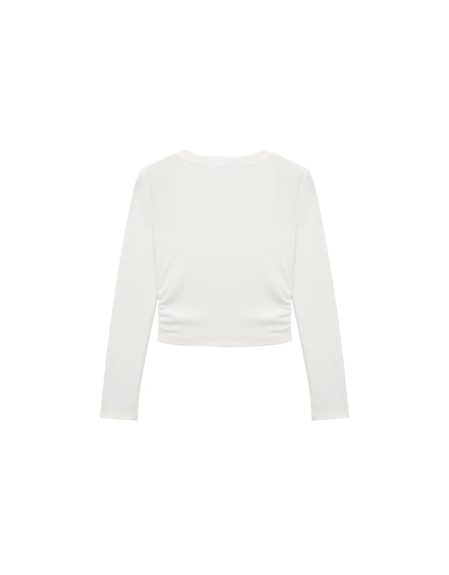 Crew Neck Side Ruched Stretch Long Sleeve Crop Top