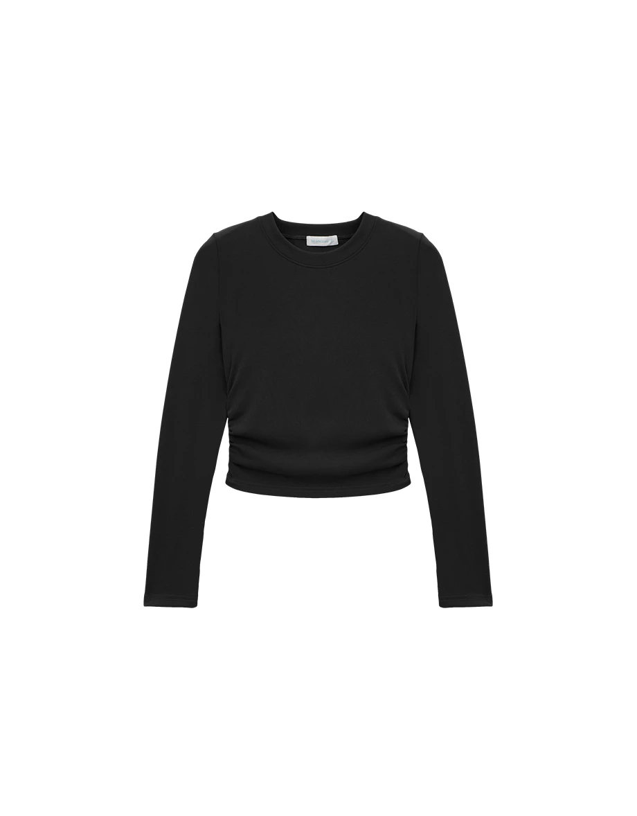 Crew Neck Side Ruched Stretch Long Sleeve Crop Top Crew Neck Side Ruched Stretch Long Sleeve Crop Top