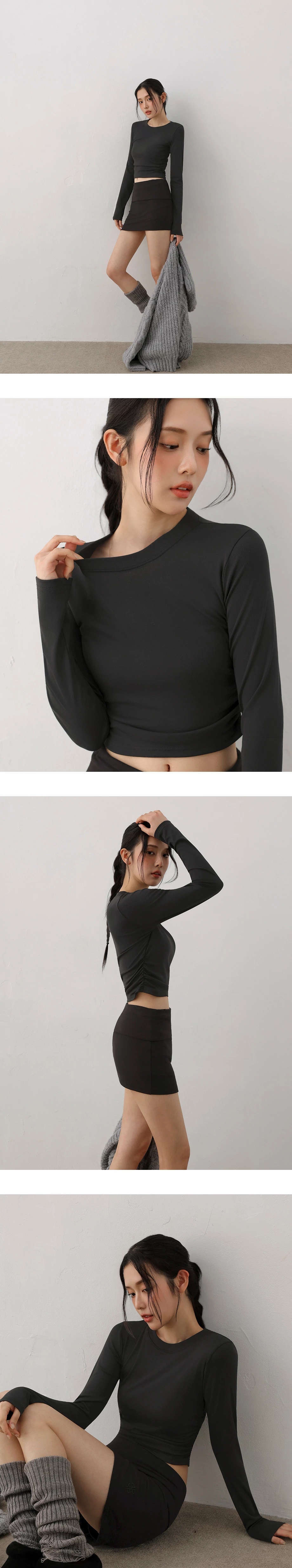 Crew Neck Side Ruched Stretch Long Sleeve Crop Top Crew Neck Side Ruched Stretch Long Sleeve Crop Top