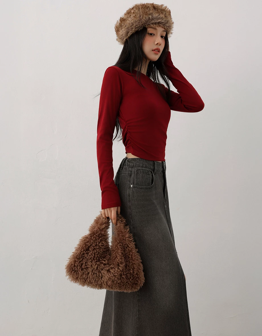 Crew Neck Side Ruched Stretch Long Sleeve Crop Top