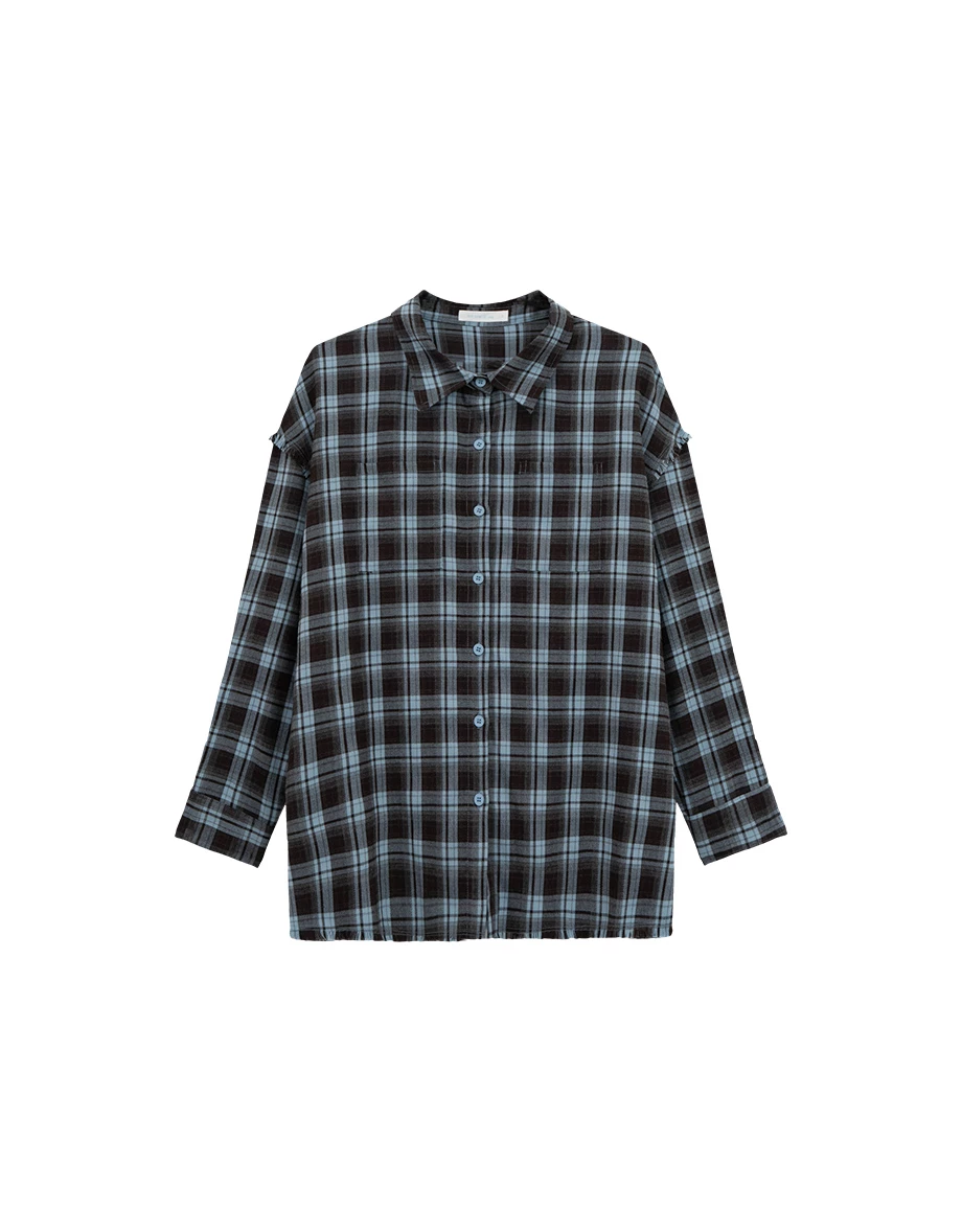 Double Pocket Flannel Plaid Long Sleeve Oversized Shirt Blouse