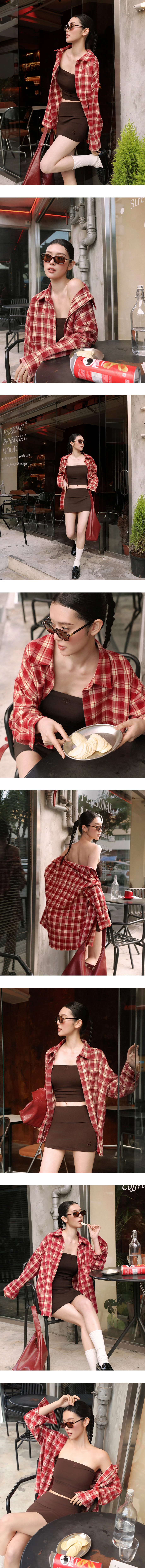 Double Pocket Flannel Plaid Long Sleeve Oversized Shirt Blouse