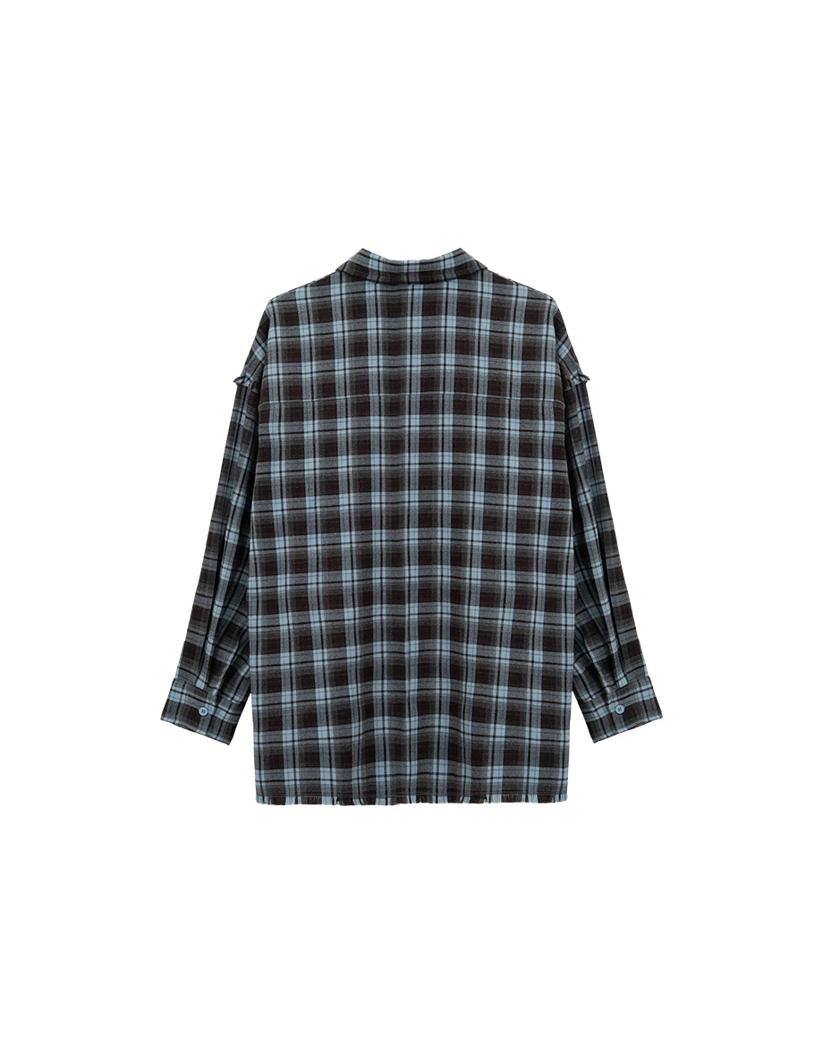 Double Pocket Flannel Plaid Long Sleeve Oversized Shirt Blouse