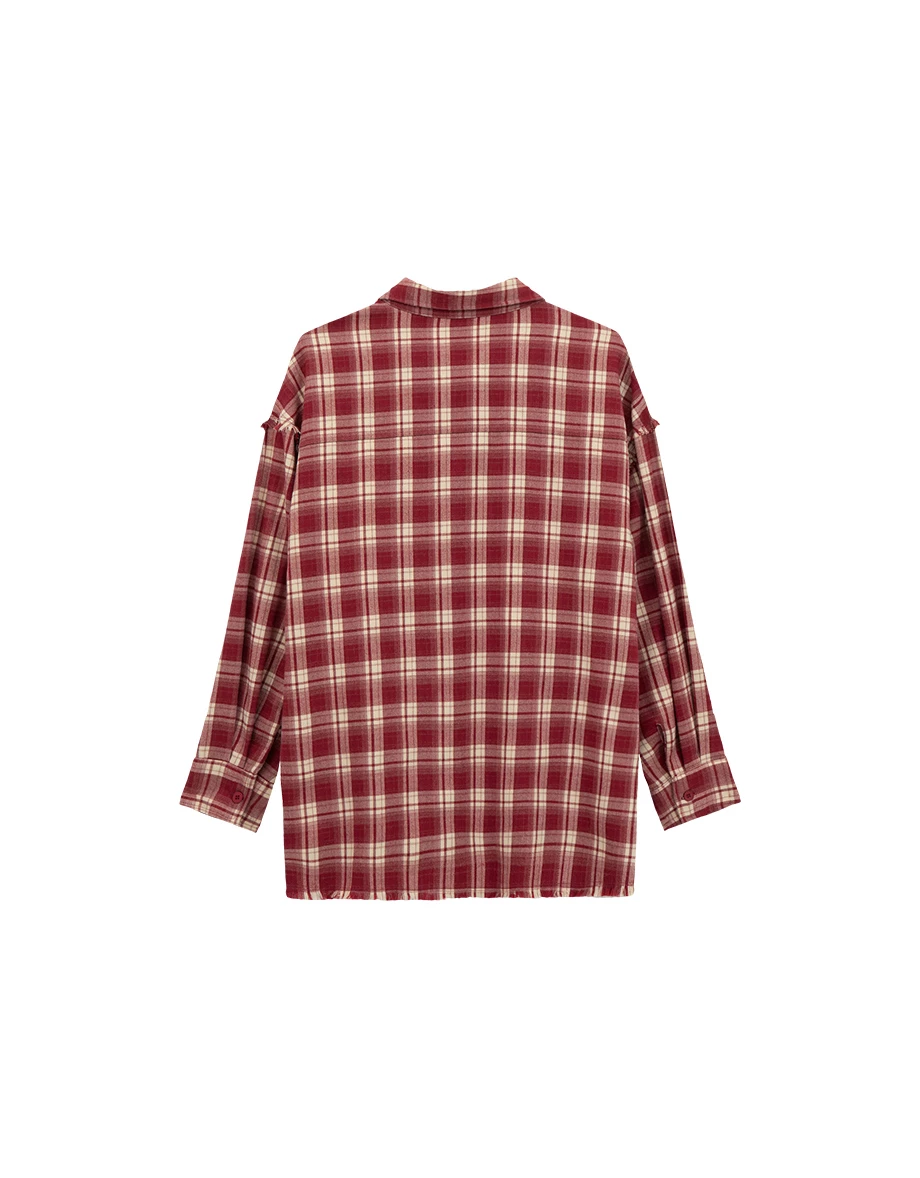 Double Pocket Flannel Plaid Long Sleeve Oversized Shirt Blouse