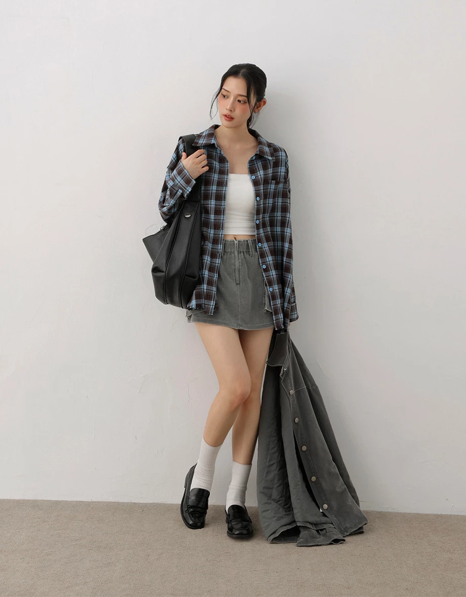 Double Pocket Flannel Plaid Long Sleeve Oversized Shirt Blouse Double Pocket Flannel Plaid Long Sleeve Oversized Shirt Blouse