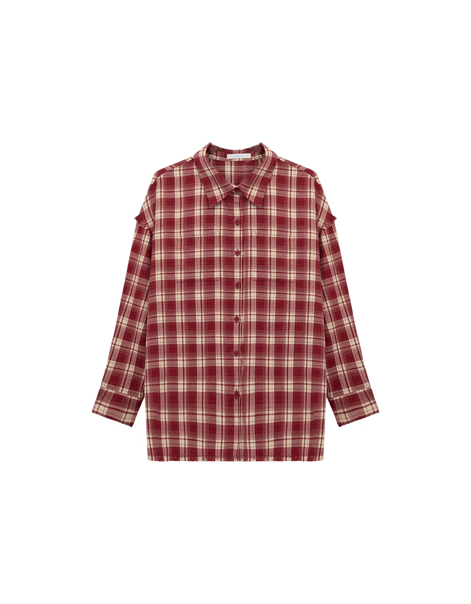 Double Pocket Flannel Plaid Long Sleeve Oversized Shirt Blouse