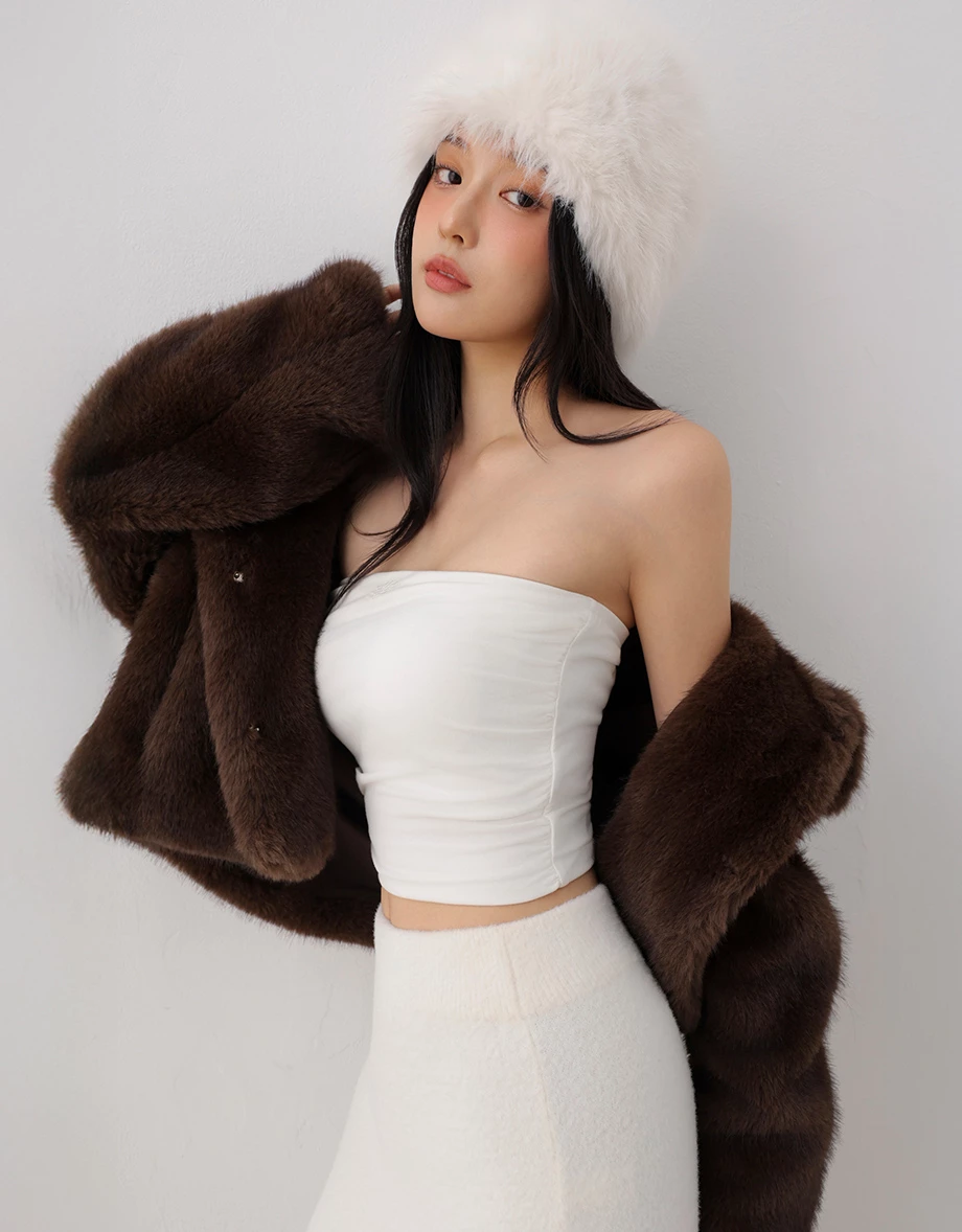 AIR SPACE Logo Embroidery Side Ruched Fleece Lined Bandeau Padded Tube Top