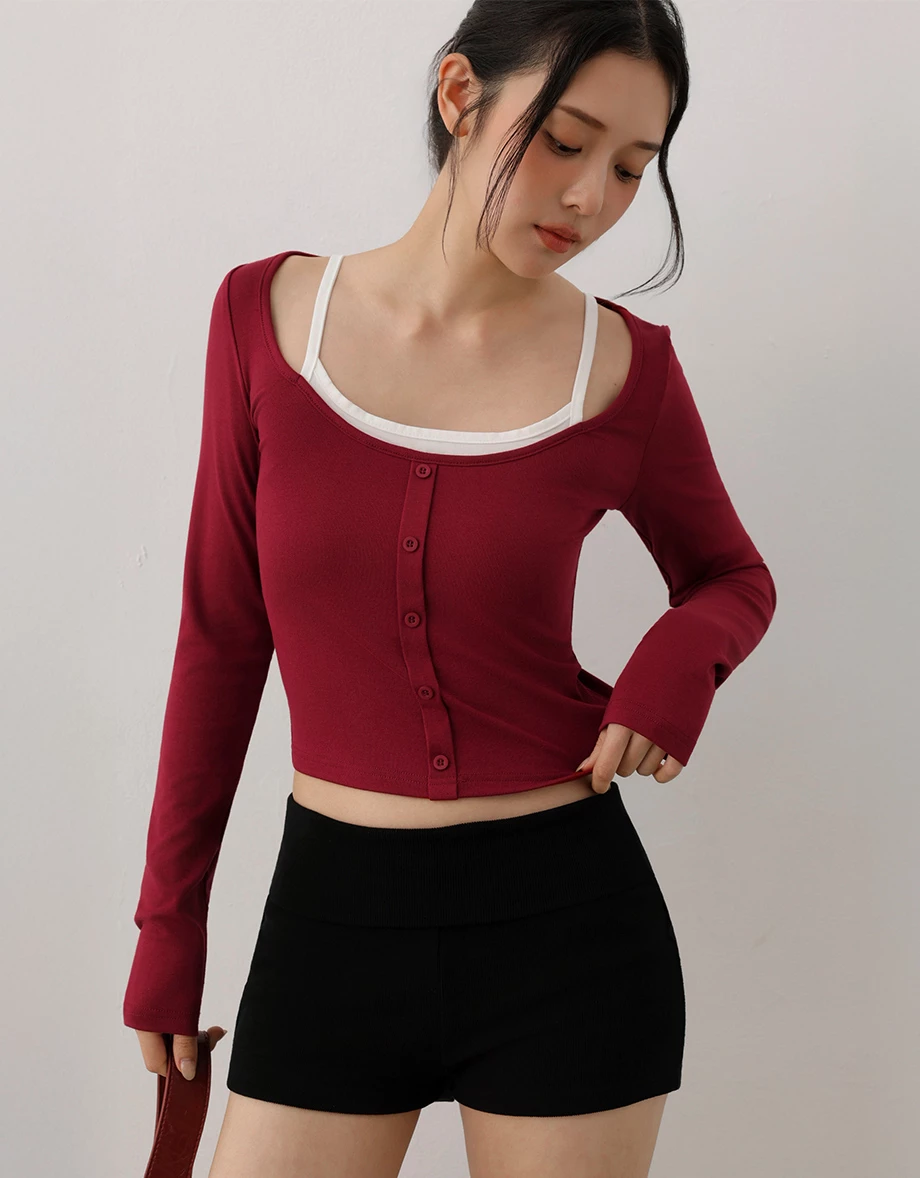 Faux 2 Piece Button Up Ribbed Knit Cami Layered Top Faux 2 Piece Button Up Ribbed Knit Cami Layered Top