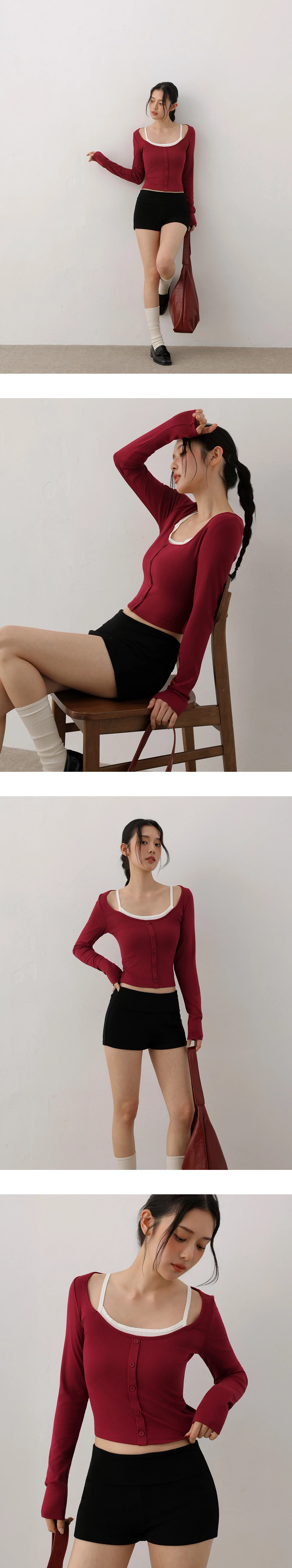 Faux 2 Piece Button Up Ribbed Knit Cami Layered Top