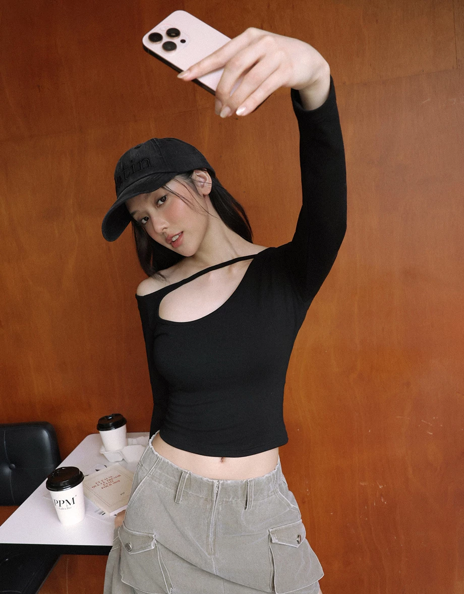 Long Sleeve Asymmetrical Cut out Crop Top